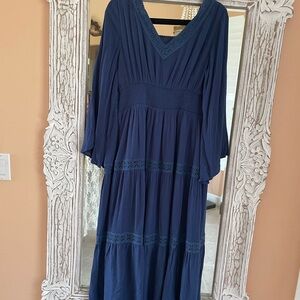 Midnight Blue Poly Blend Tiered Lace V Neck Lined Boho Maxi Dress M-Lg